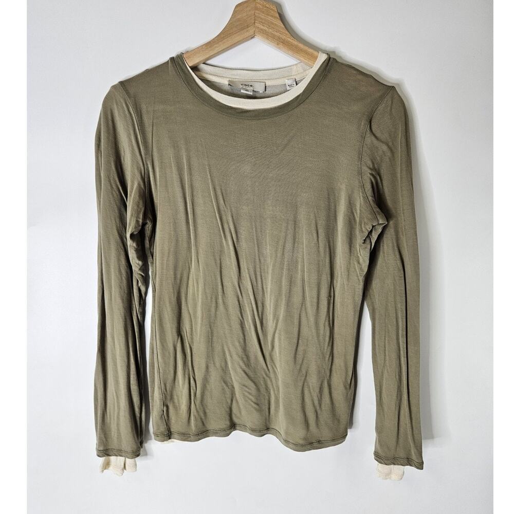 Vince Women's Green Double-Layer Long-Sleeve T-Shirt Top Size M Lightweight